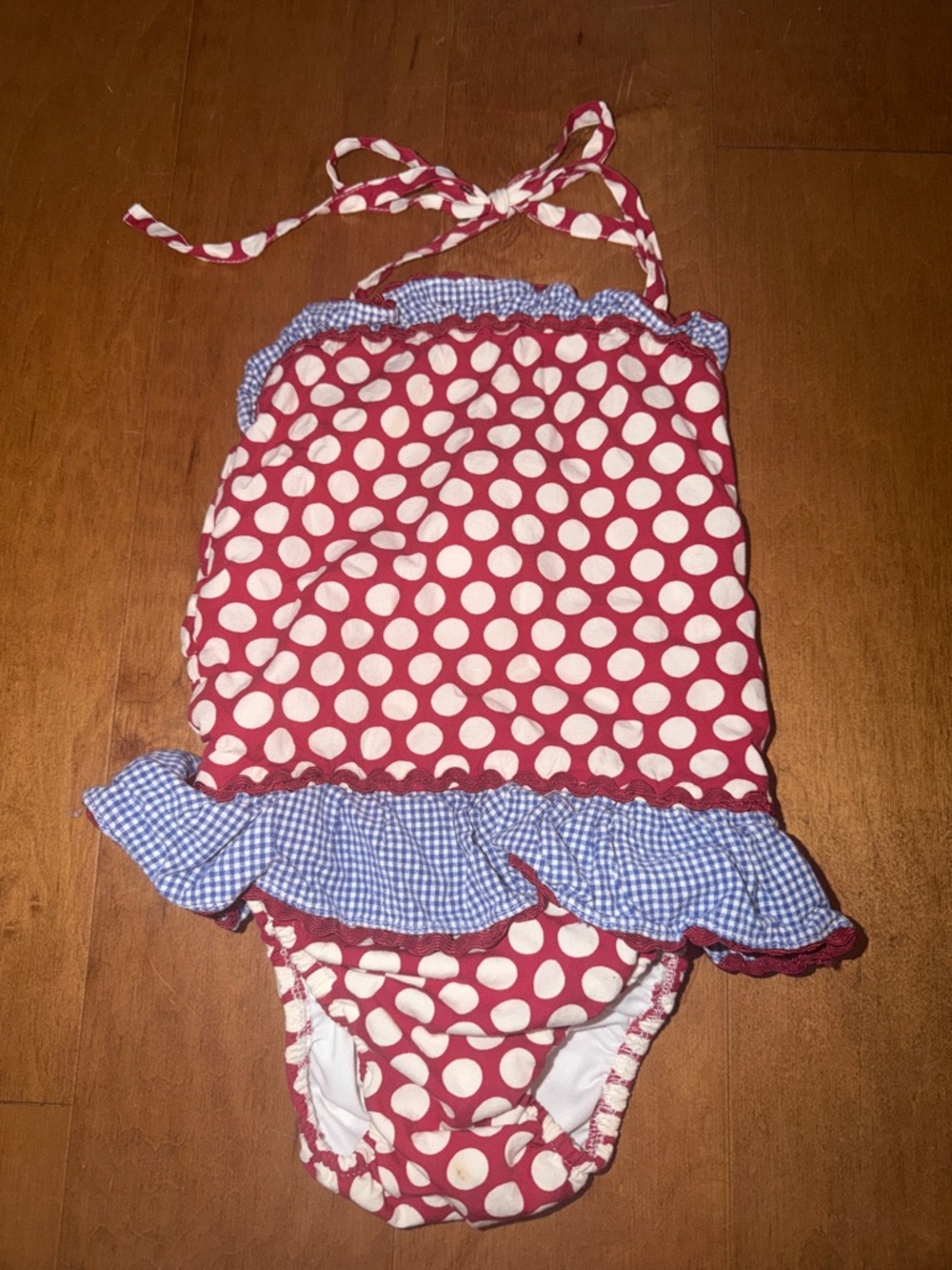 Kids Red Polka Dot One-Piece Swimsuit with Gingham Ruffle